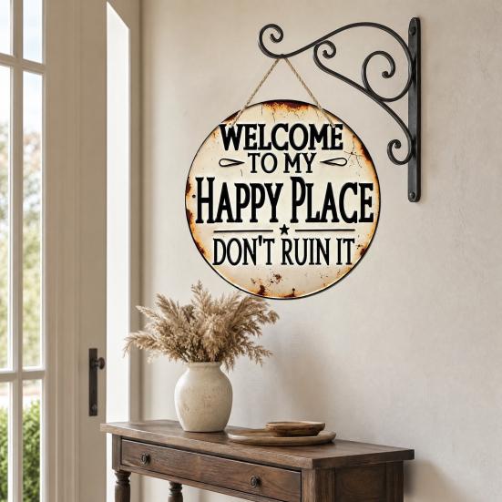 Funny Garden Wooden Sign Vintage This Is My Happy Place Welcome Round Sign Farmhouse Rustic Hanging Wall Decor for Home Bar Patio Man Cave
