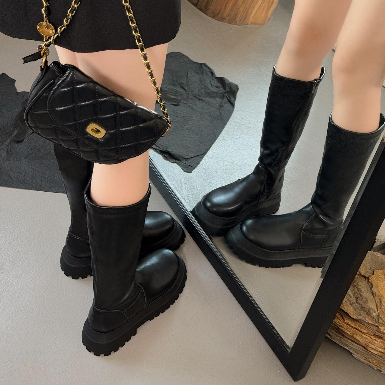 

Высокие модные кожаные ботинки, женская обувь, осенне-зимние ботинки на молнии в британском стиле, женские ботинки с толстой подошвой, увеличивающие рост 40 чёрный