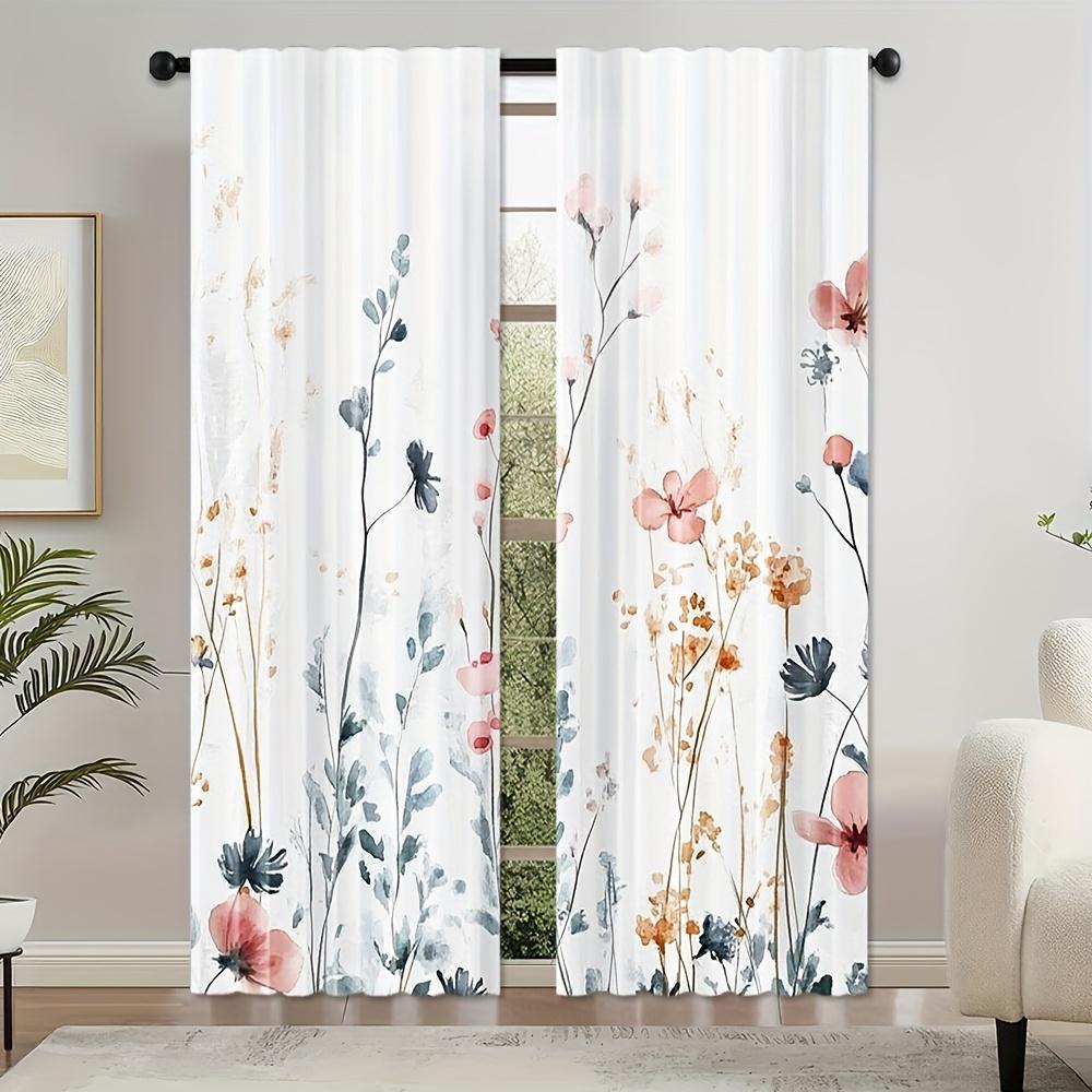2 Pieces Modern Floral Watercolor Curtains, Polyester Fabric, Machine Washable, Suitable For Bedroom Living Room Decoration