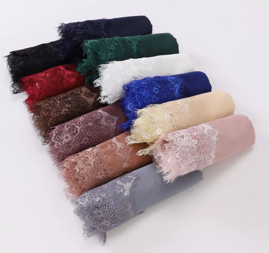 New Muslim Chiffon Hijab With Lace Muslim Scarf Long Shawls Solid Headscarf Wraps Embroidered Lace Muslim Turban Femme Hijab