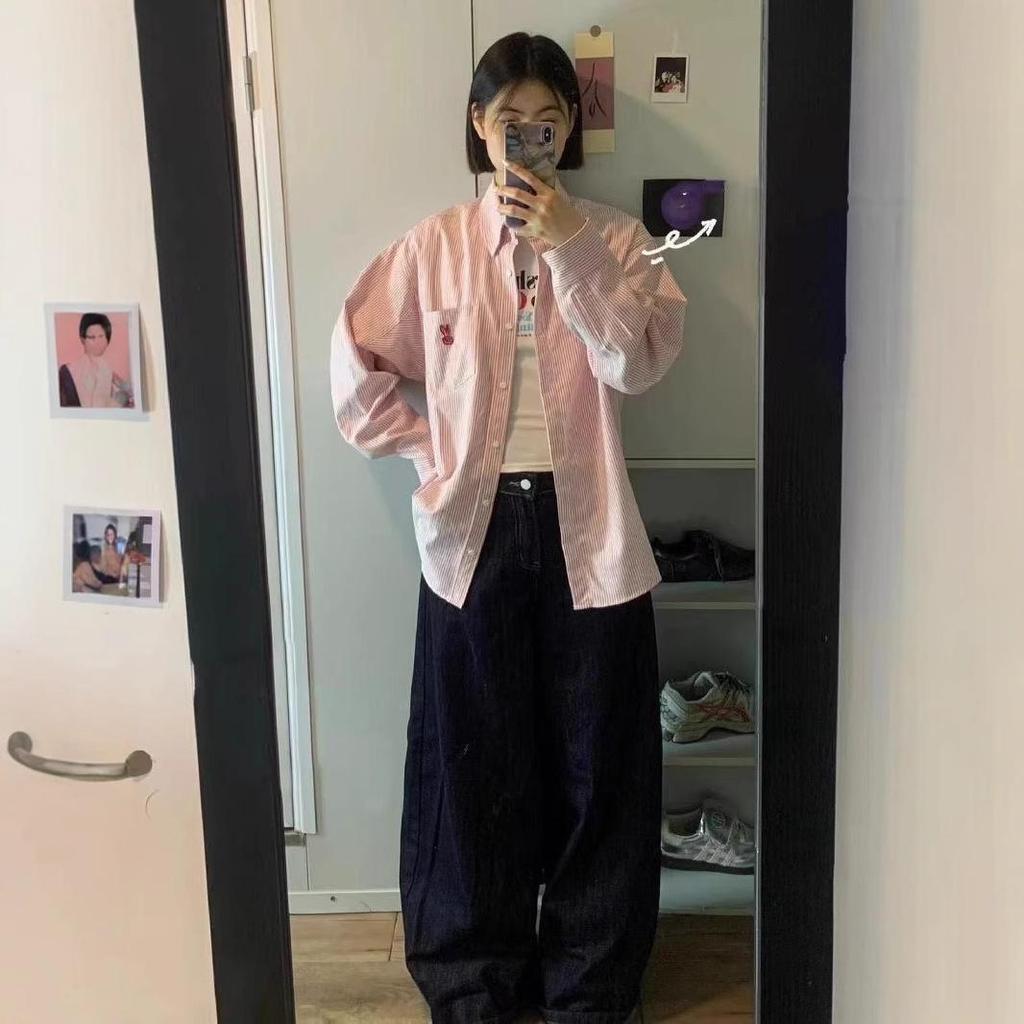 Women's Spring/Summer Pink Striped Shirt with Japanese Sweet Rabbit Embroidery - New Lazy Style Design