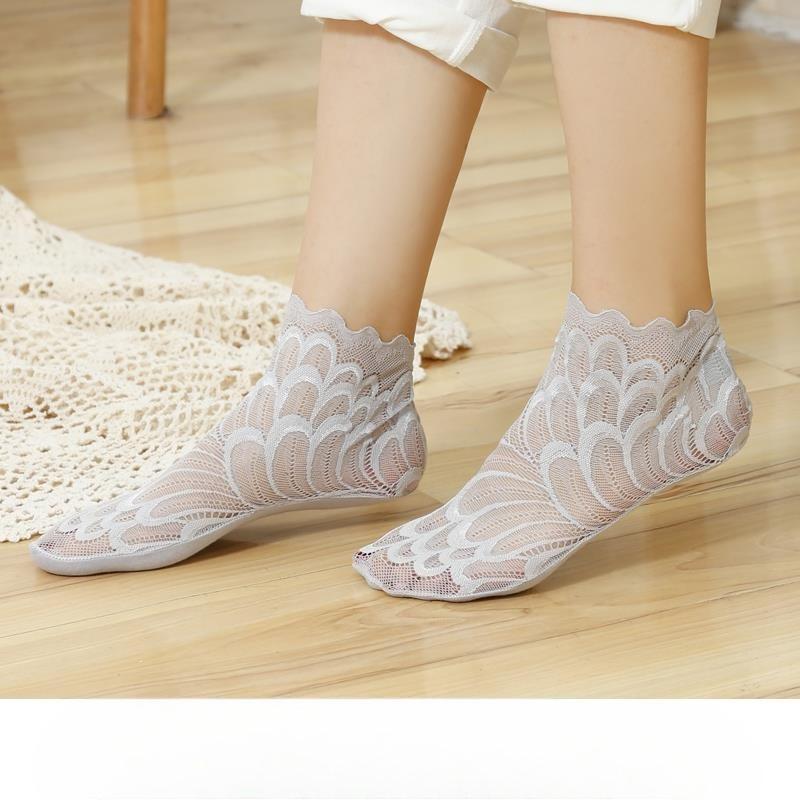 Ruffled Lace Sexy Sheer Short Tube Socks for Women In Spring and Summer, Plain Color, Mesh Cotton Bottom, Mid-length Socks