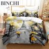 Duvet Cover Eiffel Tower Romantic Couple Flower King Comforter Cover Microfiber France Paris Cityscape Bedding Collection For Teen