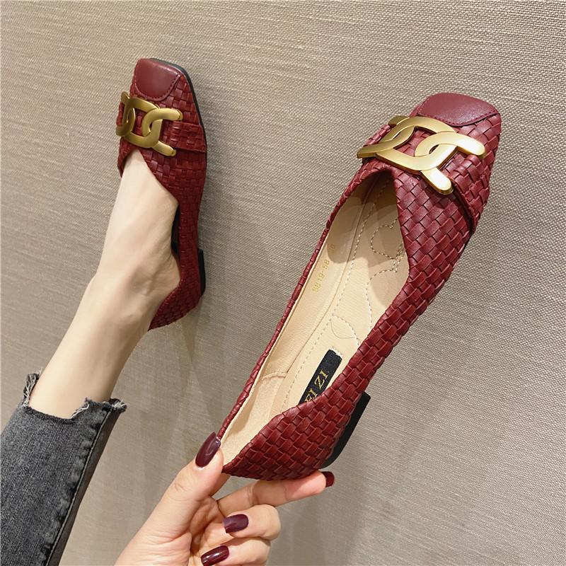 Fashion Women's Single Shoes 2025 New Shallow Metal Buckle Large Size Flat Shoes Square Toe Work Shoes Woven Pattern Shoes