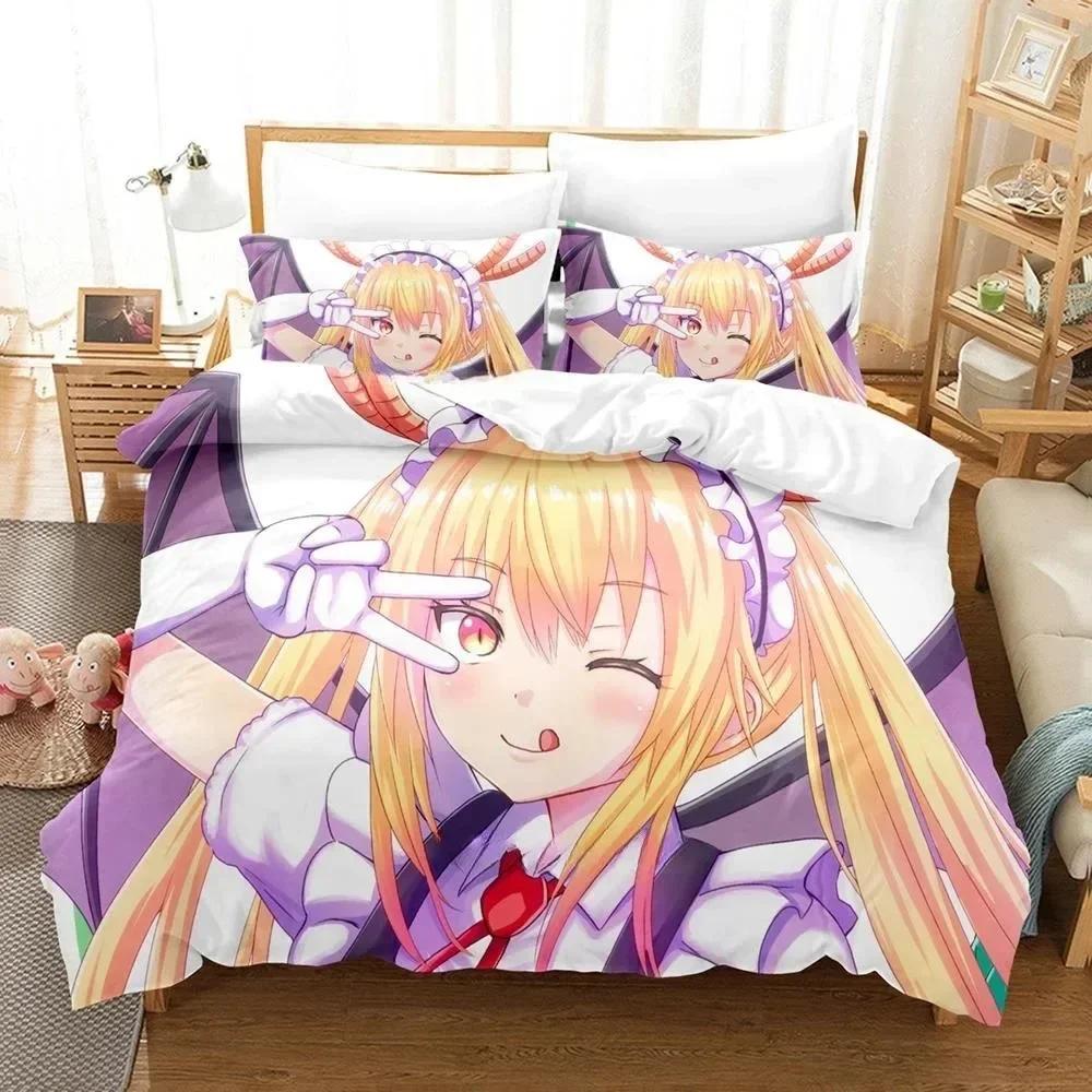 3D Kawaii Girl Miss Kobayashi's Dragon Maid Bedding Set Anime Three-piece Set Adult Kid Bedroom Duvet Cover Sets Home Textiles
