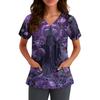 Women's V-Neck Short Sleeve Work Uniform Shirt with Pockets, Halloween Print