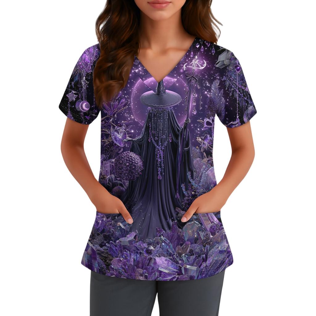Women's V-Neck Short Sleeve Work Uniform Shirt with Pockets, Halloween Print