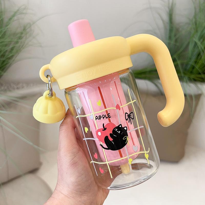 High Borosilicate Glass High Temperature Resistant Portable Straw Cup Tea and Water Separation  Large Capacity Student Water Cup
