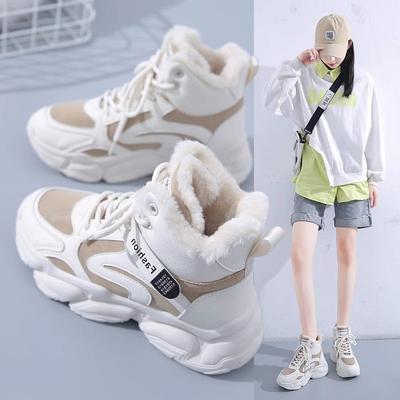 2025 Winter New Velvet Thickened Warm High-top Cotton Shoes Women's Big Cotton Explosion Little White Sports Dad Shoes