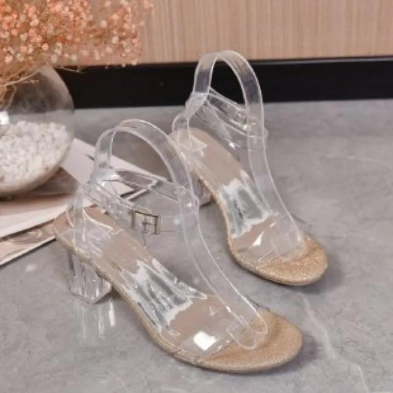 Female Shoes 2025 Plus Size Ankle-wrap Women's Sandals Fashion Dress Sandal Women Round Toe Buckle Strap Chunky Heel Shoes Women