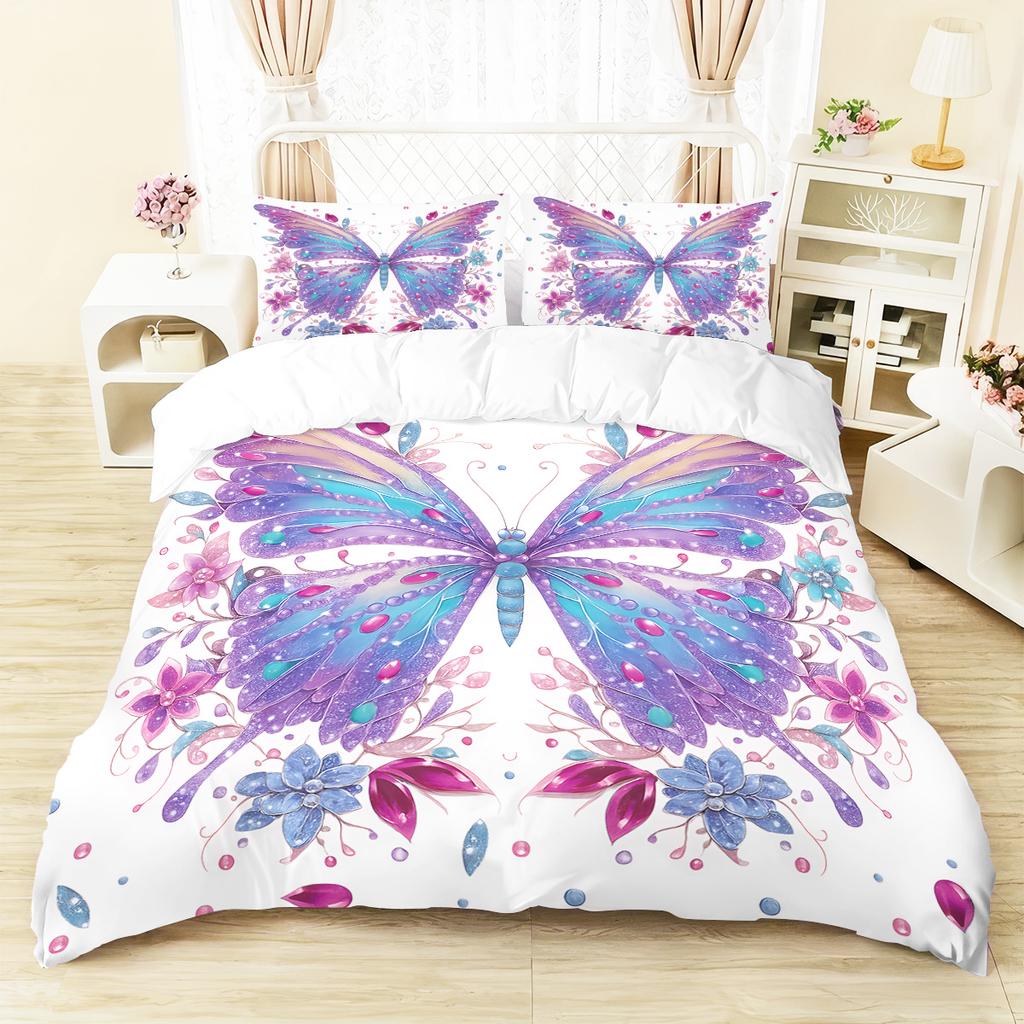 3Pcs Pink Floral Butterfly Pattern Duvet Cover Set, 1 Duvet Cover+2 Pillowcases, Coreless. Soft And Comfortable Bedding Set