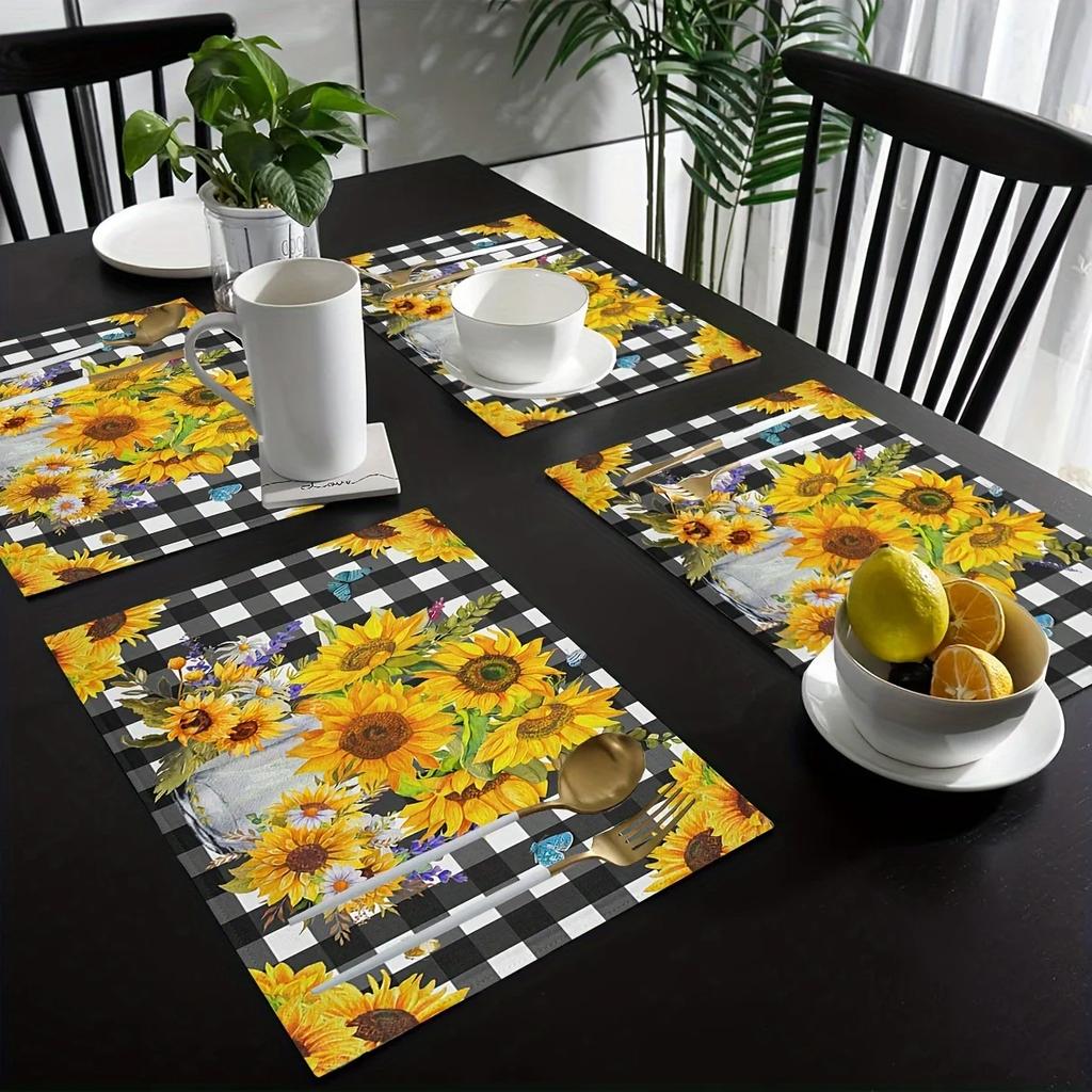 1PC  Sunflower Linen Placemats Are Heat-resistant Grid Pattern Is Very Suitable for Kitchen and Dining Table Decoration