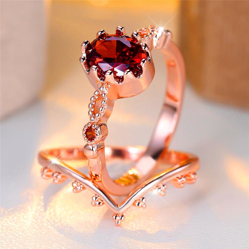 Crystal Female Red Zircon Oval Stone Ring Set Fashion Vintage Rose Gold Color Bridal Wedding Engagement Jewelry For Women