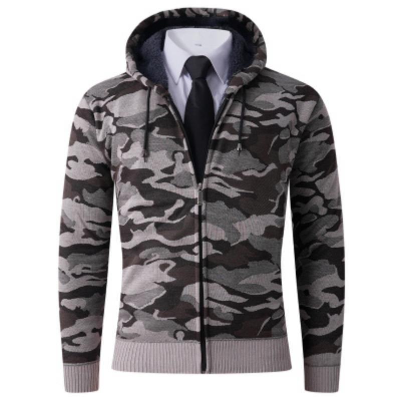Pánský sametový pletený svetr maskáčový potisk bunda s kapucí zapínání na zip top