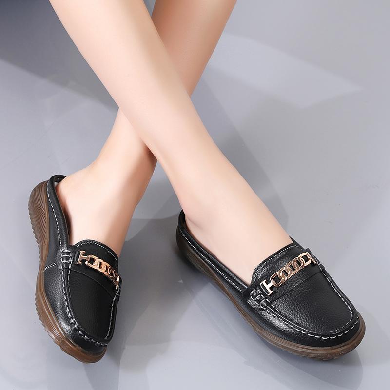 Genuine Leather Women Flat Heel Sandals Non-Slip Comfortable Soft PU Insole 2.5cm Heel Sizes 35-44 Beige Orange Black