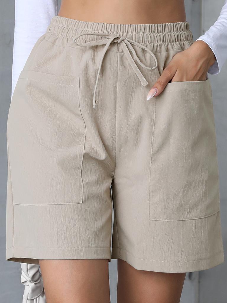 Summer new loose linen casual solid color high waist pocket drawstring large size shorts women