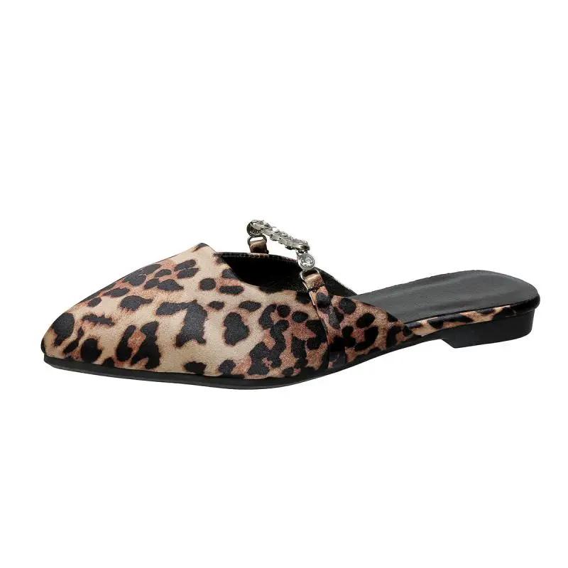 Fashion Sexy Leopard Pointed Toe Slippers Women 2025 Summer Suede Flat Heels Shoes Women Crystal Chain Slip On Black Daily Shoes