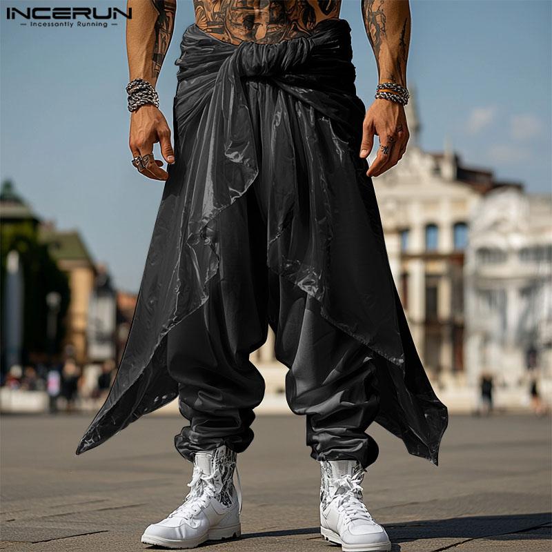 INCERUN Men Elastic Waist Bandage Glitter Layers Casual Irregular Harem Pants