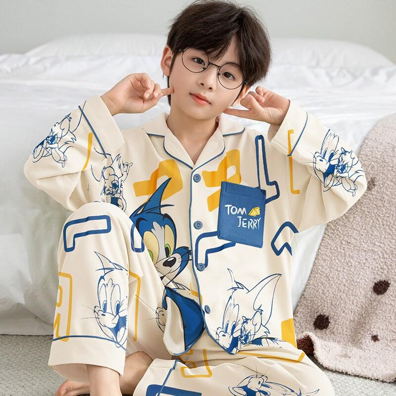 Boys Cotton Pajama Set Long Sleeve Thin Sleepwear Cartoon Print Hoodie Style Home Wear Kids 8