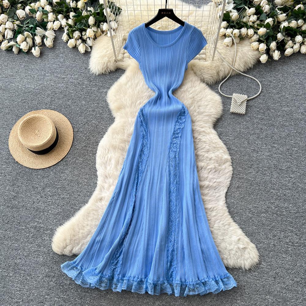 Elegant Lace Patchwork Knitted Midi Long Dress Women Chic Short Sleeve Ruffles Slim Fit Dresses 2026 Casual Daily Office Outfit