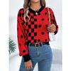 Dámský podzimní a zimní ležérní svetr s barevným kontrastem, puntíkovaným a kostkovaným vzorem a lucernovými rukávy