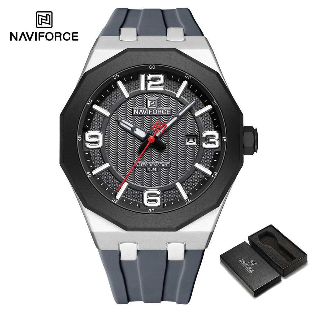 NAVIFORCE Men's Fashion Quartz Watch Polygon Dial Luminous Hands Calendar Silicone Strap 30m Waterproof Casual Men's Boy's Watch NF8079