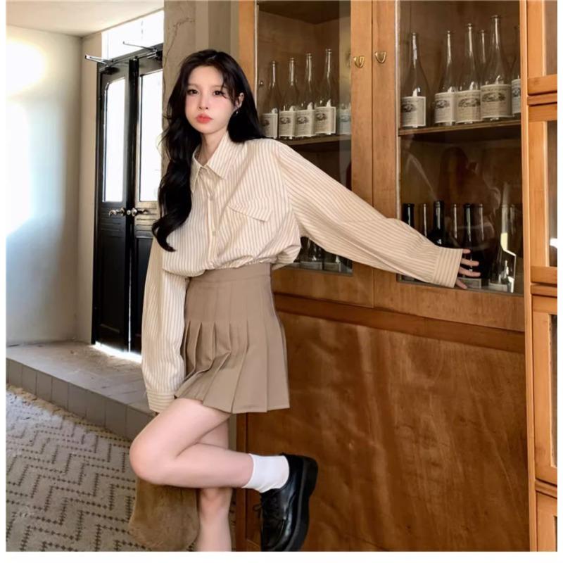 Solid Color Striped Shirt Women's Autumn New Korean Style Loose Lapel Long Sleeve Versatile Button Splicing Top