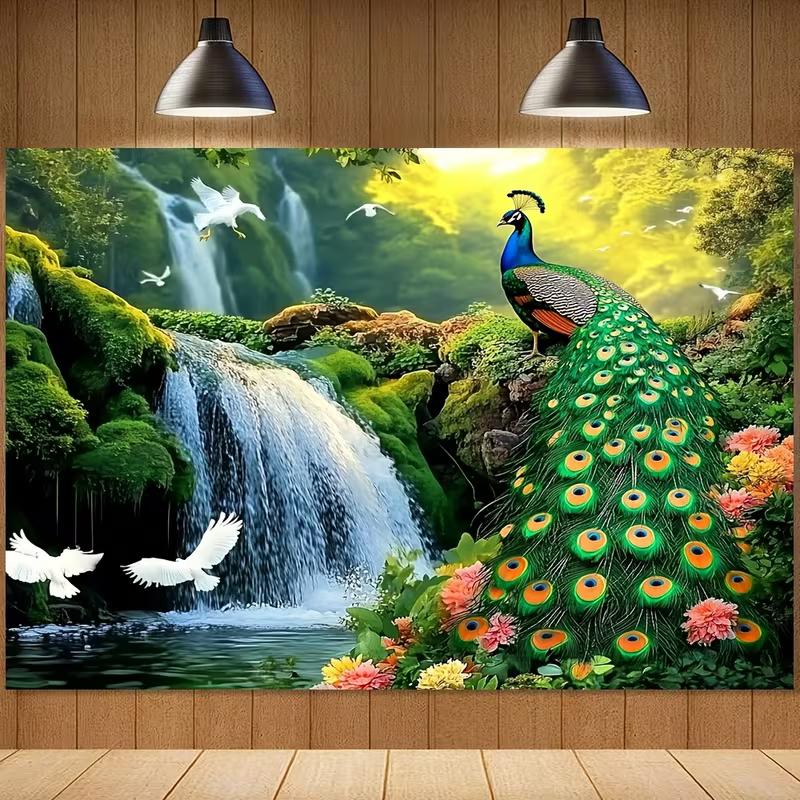 2D Peacock Forest Waterfall Wall Tapestry Nature Background Cloth for Home Decor