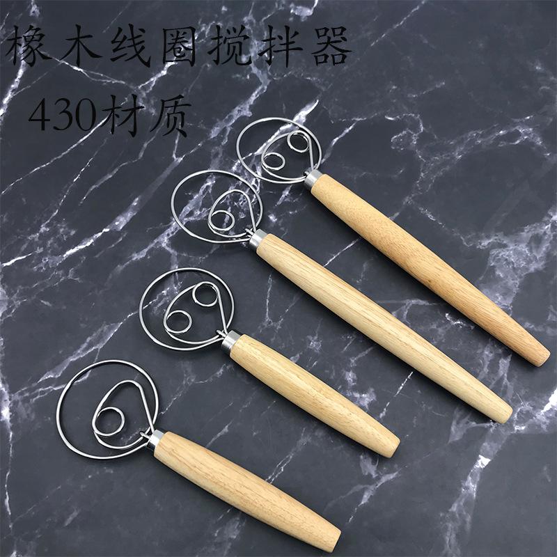 Danish Wooden-Handled Single Coil Dough Mixer: Manual Handheld Baking Tool for Flour Blending