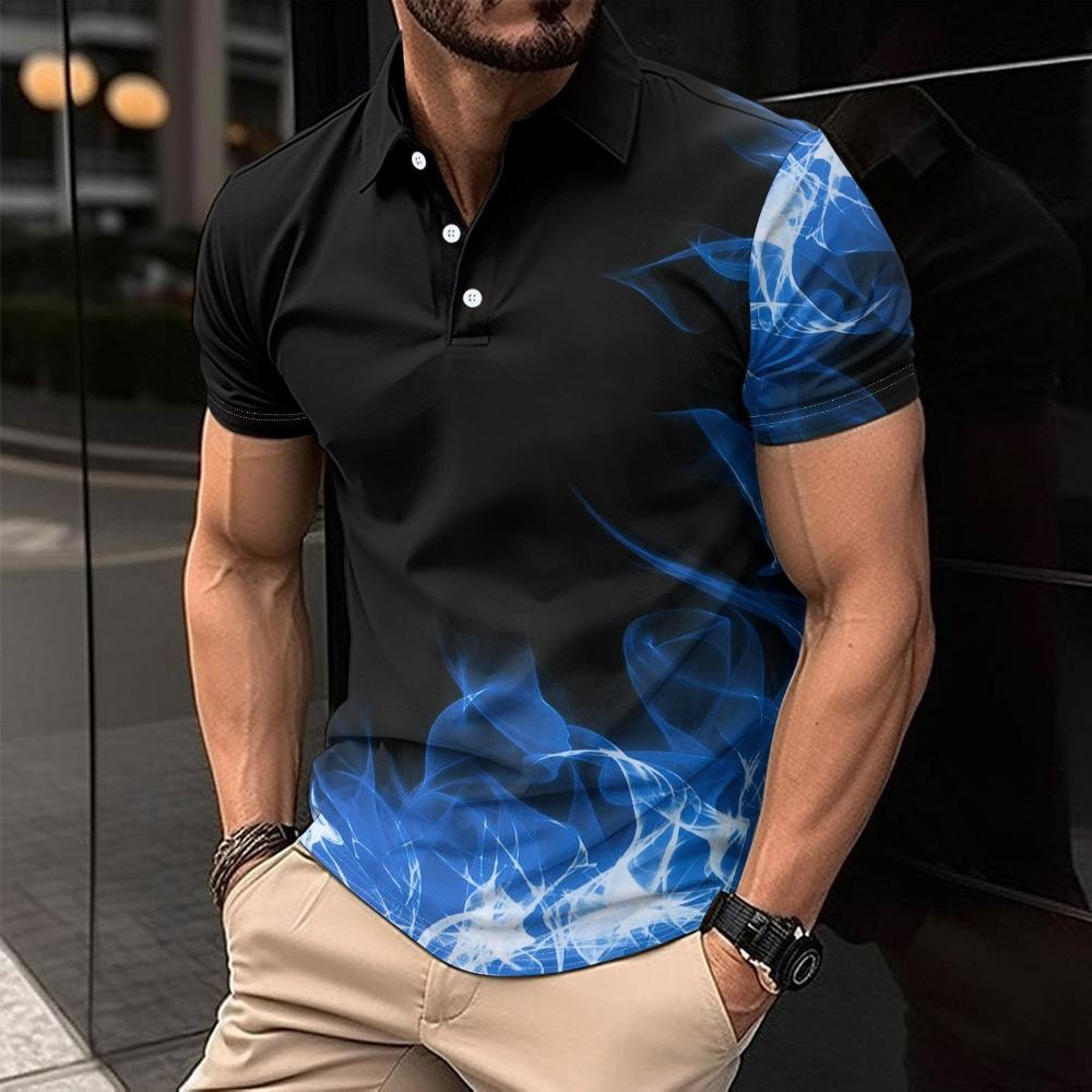 Men's New Collar Top with Digital Printing, Casual Business Short Sleeved Polo Shirt