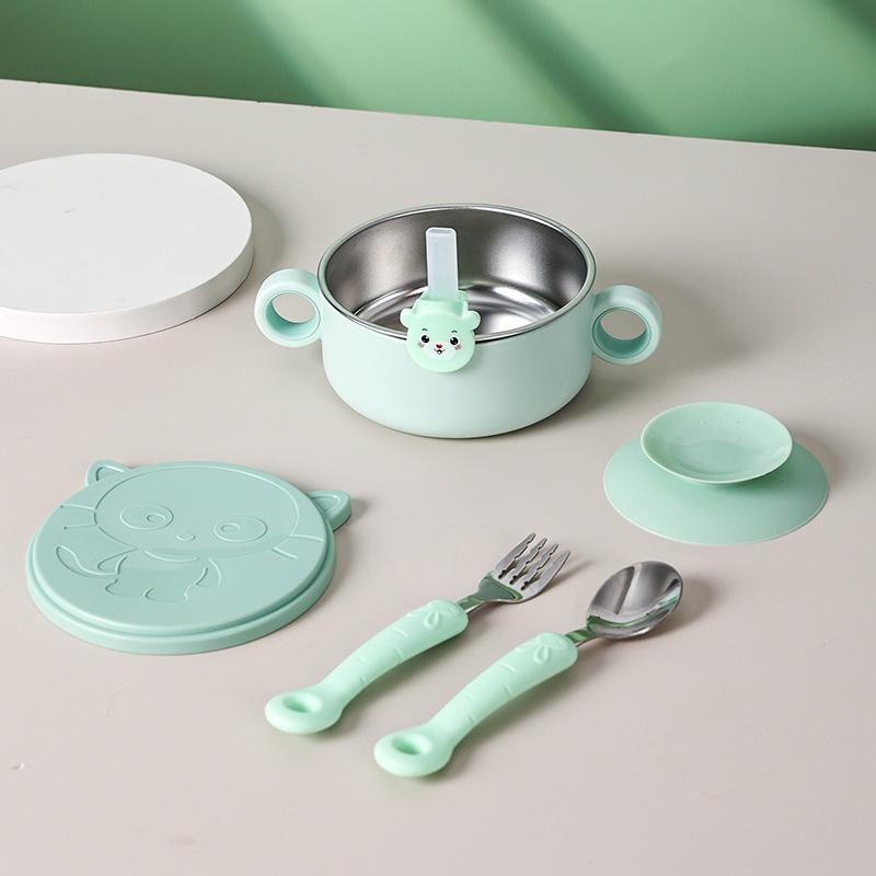 Baby Stainless Steel Feeding Food Tableware Suction Cup Non-slip Bowl Spoon Fork Straw Set Toddler Dinnerware