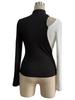 Color Block Patchwork Stand Collar T Shirt Slim Flattering Long Sleeve Top Women Commute Patch Design Fashion Casual Slim Fit Ladies Elegant Top