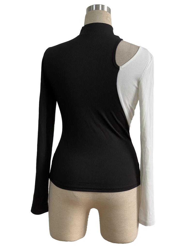 Color Block Patchwork Stand Collar T Shirt Slim Flattering Long Sleeve Top Women Commute Patch Design Fashion Casual Slim Fit Ladies Elegant Top