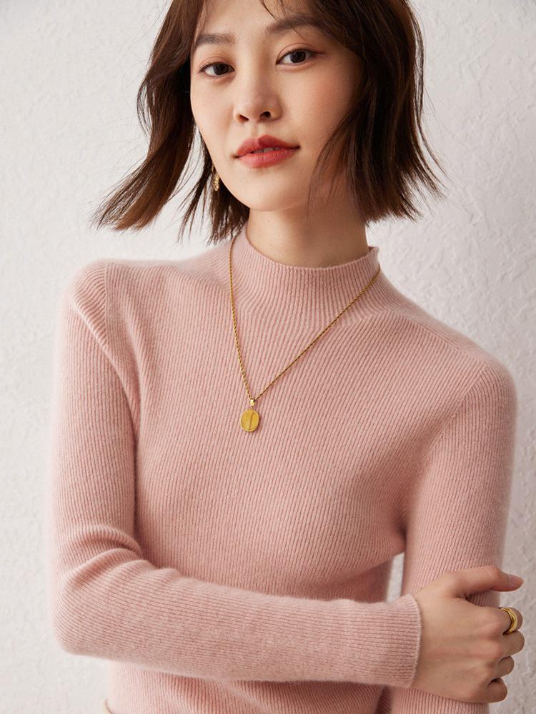 Women's Cashmere Striped High Neck Slim Fit Long Sleeve Top