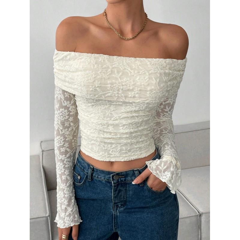 Womens Off-Shoulder Long Sleeve Slim Fit Knit Top - Elegant Chic Office Date Outfit 2025 Fall Collection