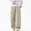 Solid color simple trendy brand splicing tooling casual pants men's trendy loose wide-leg straight elastic waist long pants men