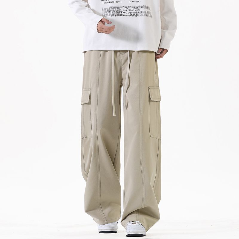 Solid color simple trendy brand splicing tooling casual pants men's trendy loose wide-leg straight elastic waist long pants men