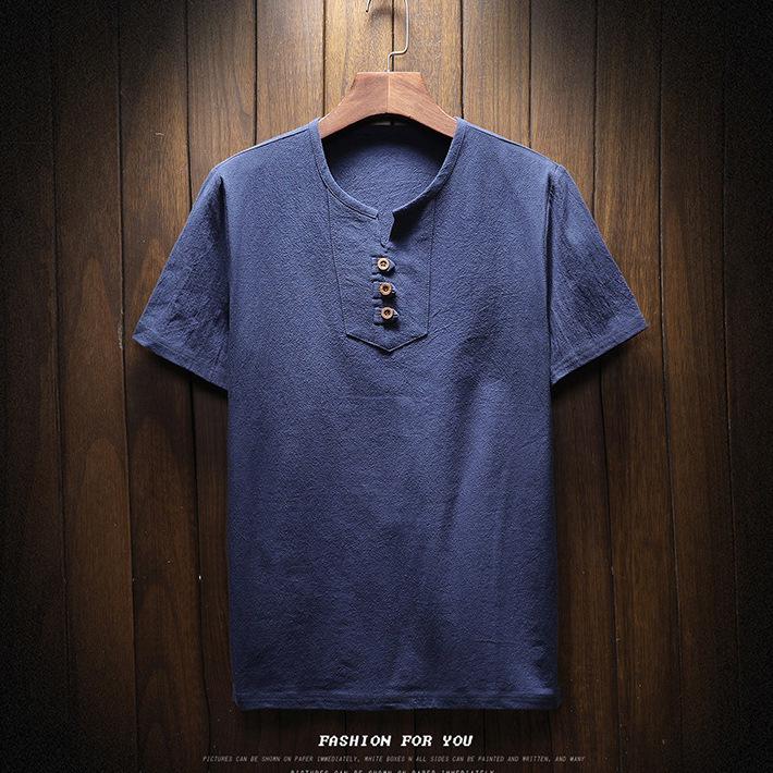 Men's Summer 2026 Cotton Linen Two-Button Short Sleeve T-Shirt - Soft & Breathable