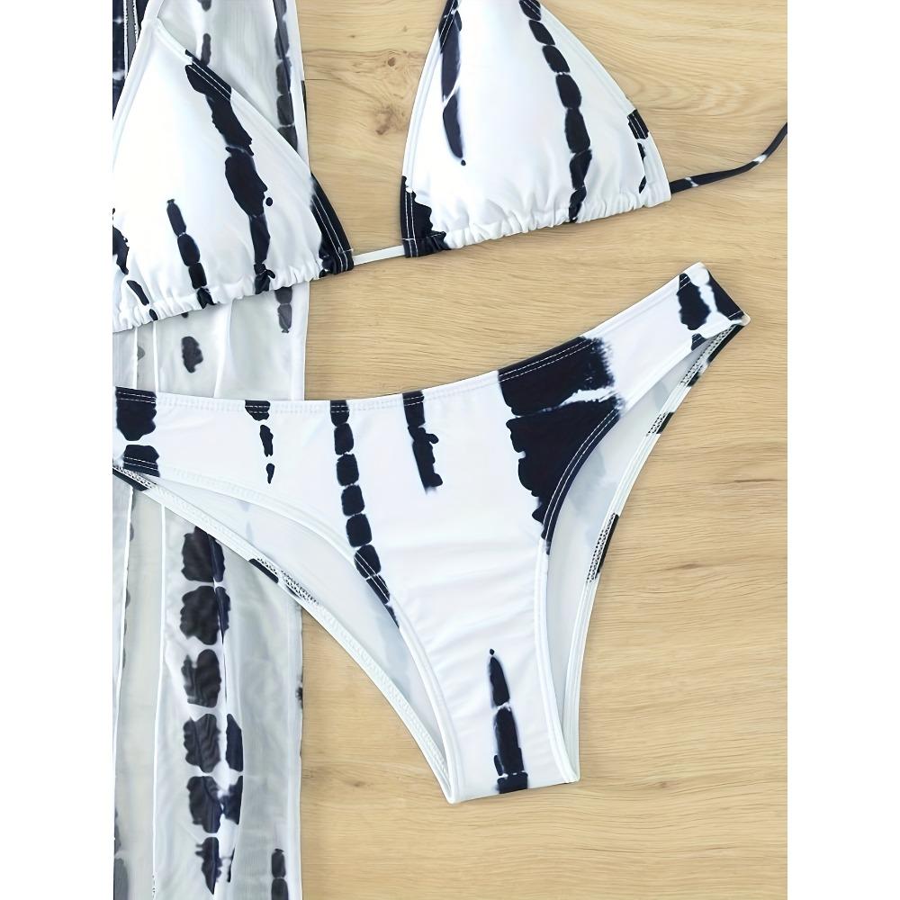 Tie Dye 3 Piece Set Bikini, Halter Neck Triangle High Cut With Ring-Linked Mesh Cover Up Dress Swimsuits, Women's Swimwear & Clothing