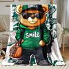 1pc Cool Bear Smile Hoodie Fleece Blanket Cartoon Animal Print Soft Throw Cover Bedroom Decor Gift for Kids and Teens