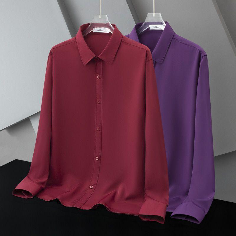 Spring and Autumn Business and Leisure Minimalist Flip Collar Silk Smooth Non Ironing Breathable Elastic Shirt for Men