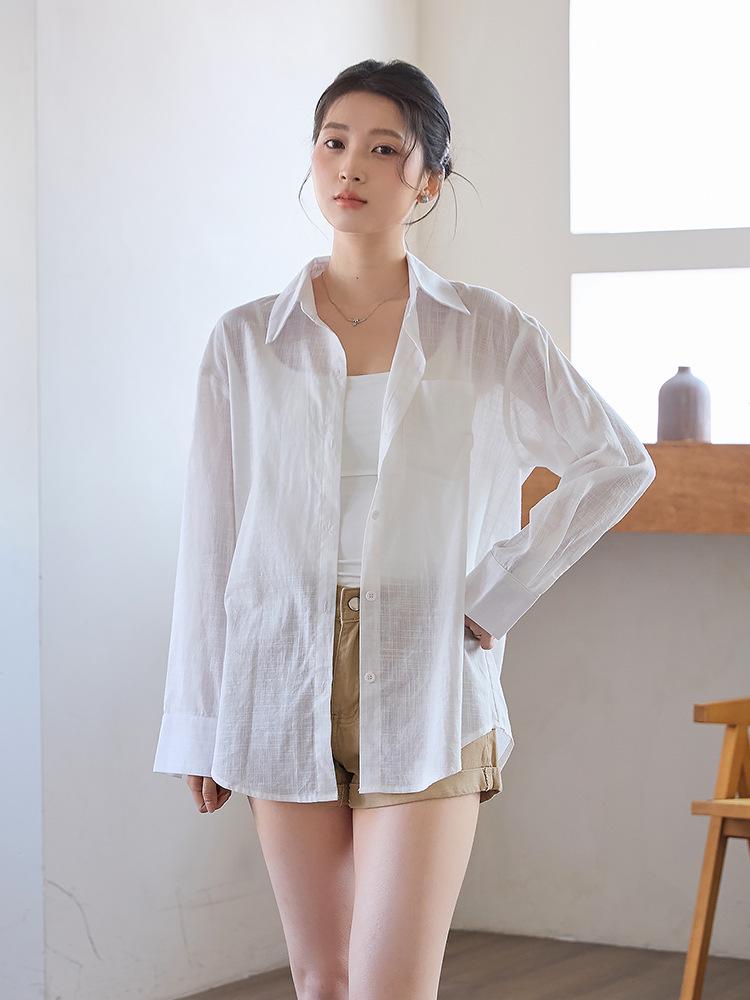 White Washed Cotton Linen Long Sleeve Shirt - Spring/Summer 2026 Sun Protective Loose Cardigan Top