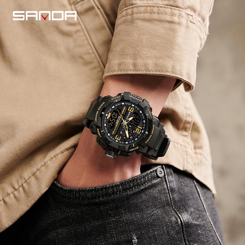 Sanda Çok Fonksiyonlu Kronograf Su Geçirmez Spor Saati Gençler için Çift Ekranlı