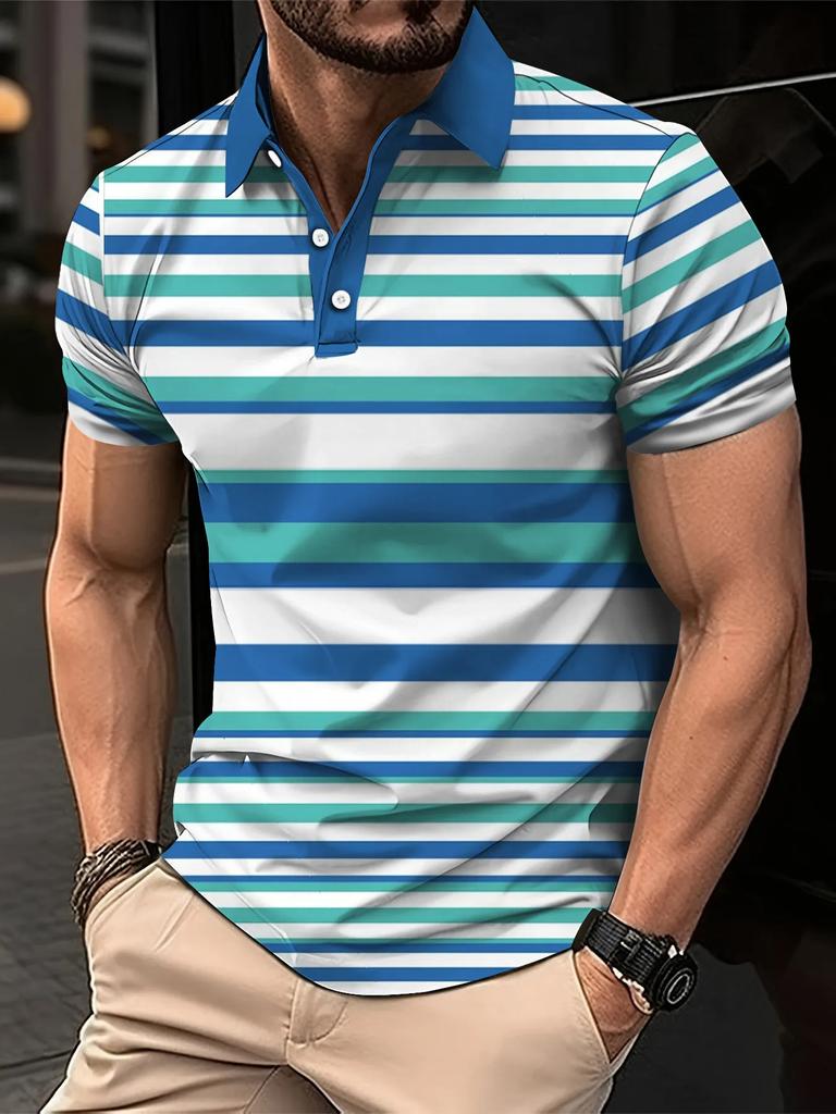 Men's Summer Short Clothes Sleeved Lapel 3D Digital Printed Striped Polo Shirt Men's Fashion Business Casual Top Clothes