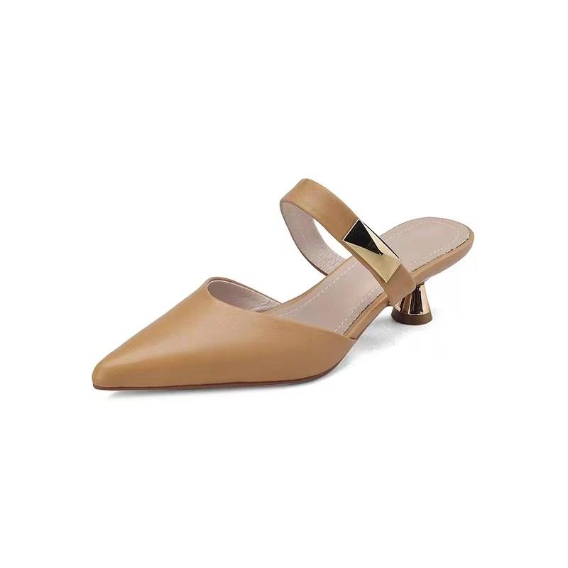 New Plus Size 35-42 Women Kitten Heels Mules Golden Rivet Pointed Toe Summer Sandals Beige Ladies Casual Med Heels Shoes