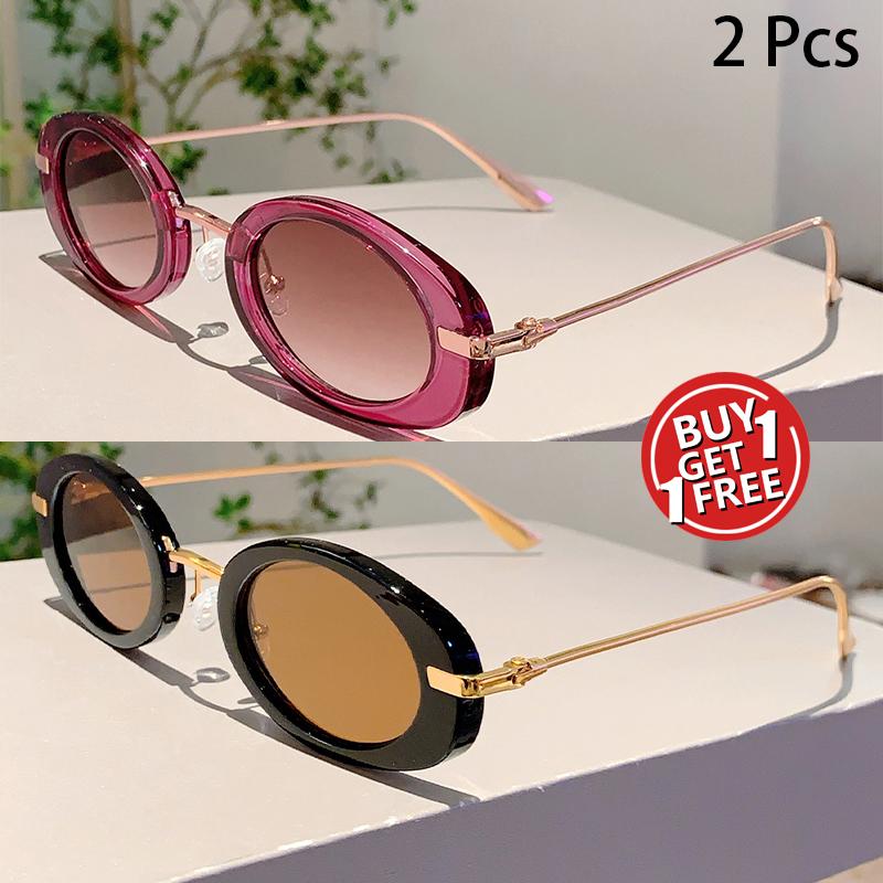 

2 Pcs Oval Sunglasses Women Fashion Vintage Candy Color Rim Decor Shades Trendy Stylish Luxury Brand Design Casual Sun Glasses as picture shows