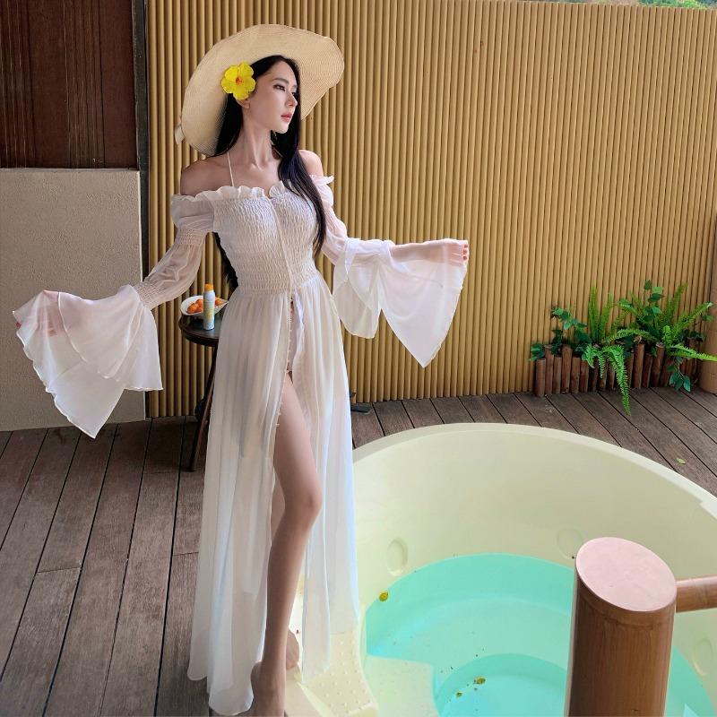 Design Sense White Flared Sleeve Wrap Pleated Split Pipe Top Long Dress Xianhai Island Resort Beach Dress