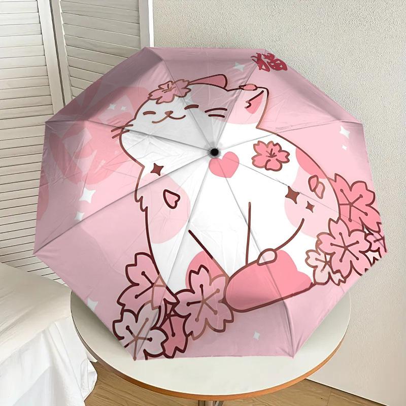 1pc Cherry Blossom Cat Automatic Folding Umbrella 8 Rib Iron Frame,  Suitable for Travel, Daily Use, Birthday, Women & Men Gift c1231073