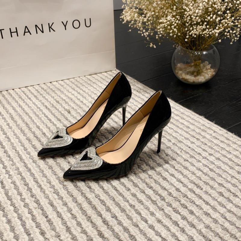 Early spring new black high heels love rhinestones sexy pointed thin heels single shoes women