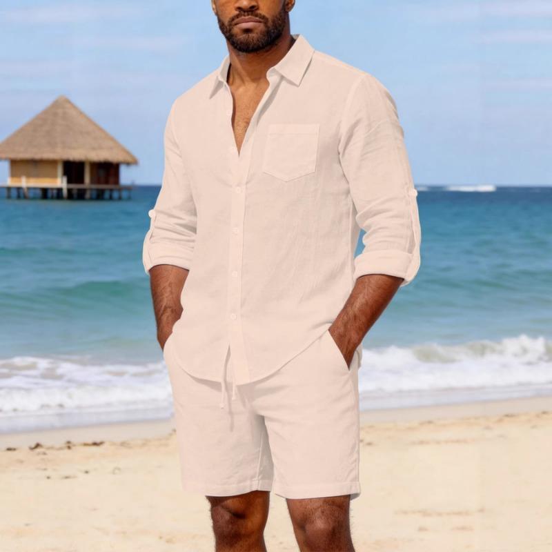 Mens Casual Solid Color Linen Button Down Shirt And Shorts Set S хаки